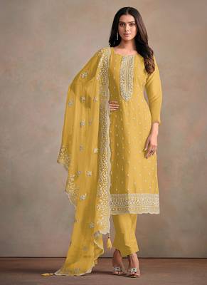 Yellow organza festival pant style readymade suit 1
