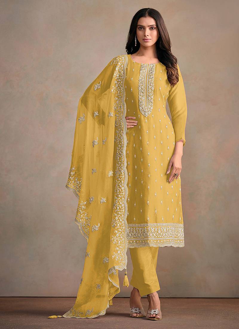 Yellow organza festival pant style readymade suit