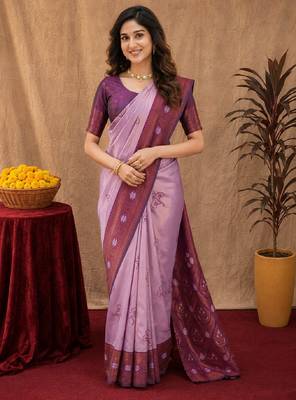 Wine purple art silk blend banarasi jacquard motif work saree with unstitched blouse piece 1