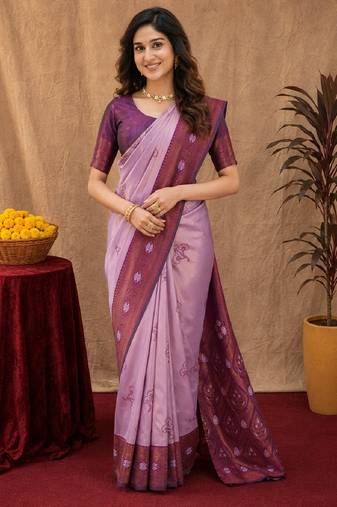 Wine purple art silk blend banarasi jacquard motif work saree with unstitched blouse piece