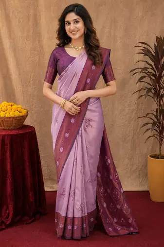 Wine purple art silk blend banarasi jacquard motif work saree with unstitched blouse piece