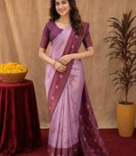 Wine purple art silk blend banarasi jacquard motif work saree with unstitched blouse piece