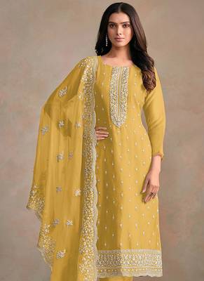 Yellow organza festival pant style readymade suit 2