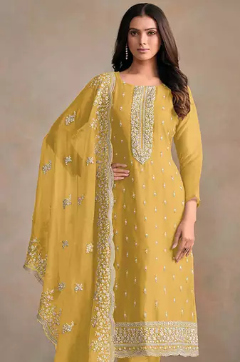 Yellow organza festival pant style readymade suit