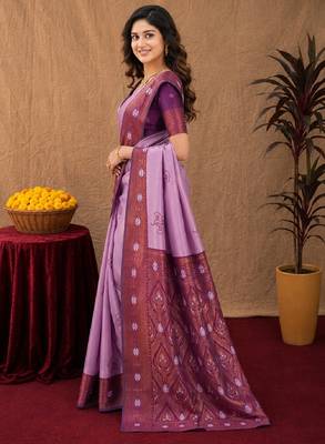 Wine purple art silk blend banarasi jacquard motif work saree with unstitched blouse piece 2