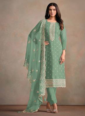Sea green organza festival pant style readymade suit 1