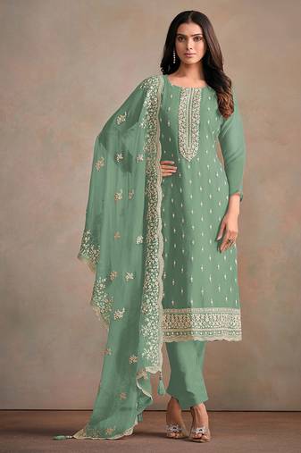 Sea green organza festival pant style readymade suit