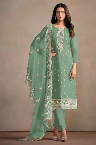 Sea green organza festival pant style readymade suit