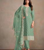 Sea green organza festival pant style readymade suit