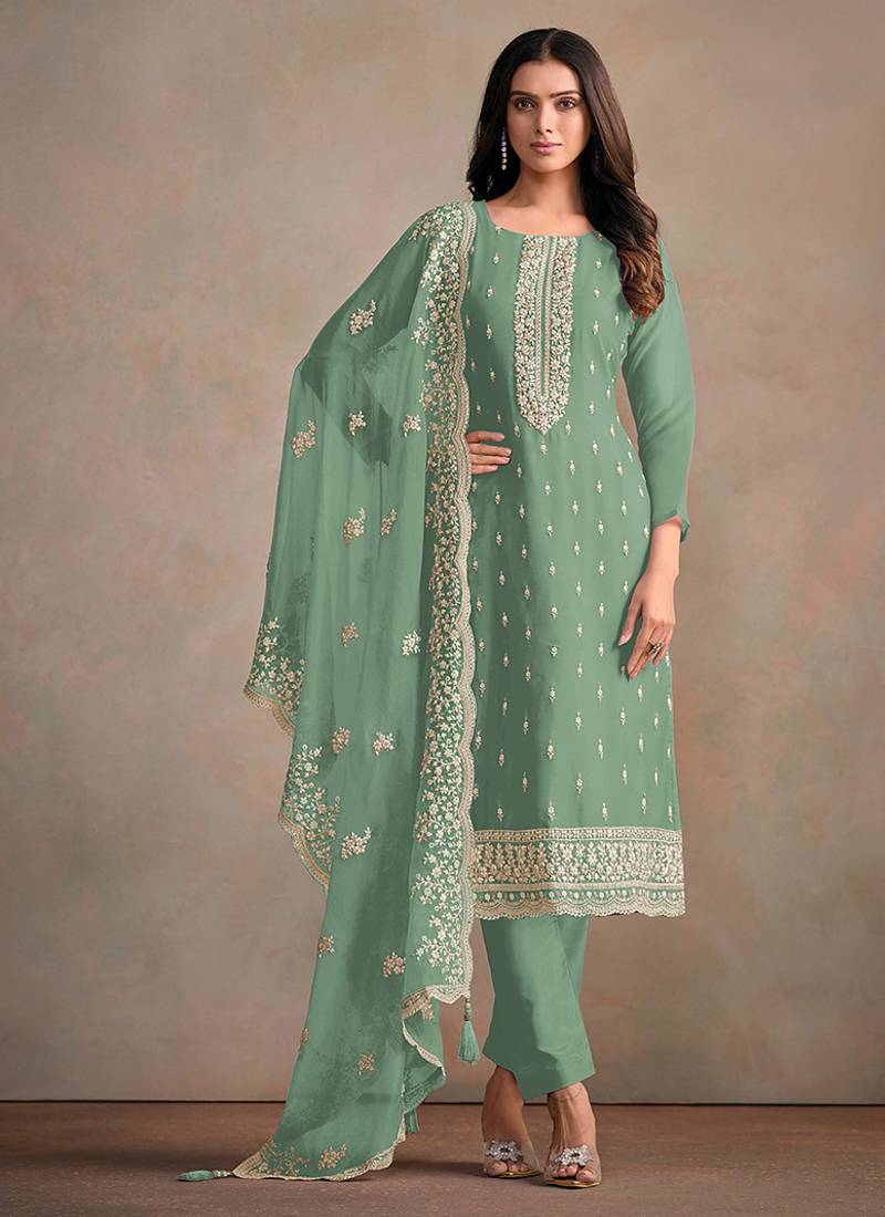 Sea green organza festival pant style readymade suit