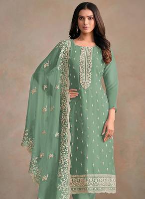 Sea green organza festival pant style readymade suit 2