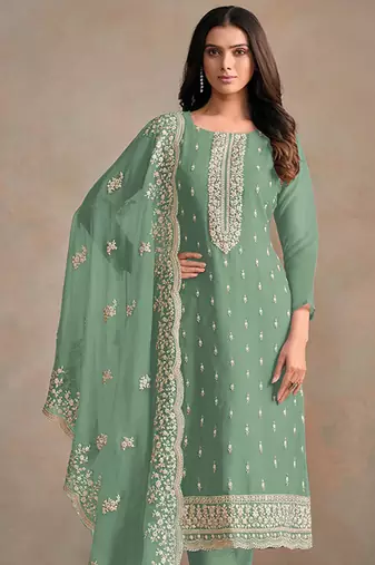 Sea green organza festival pant style readymade suit
