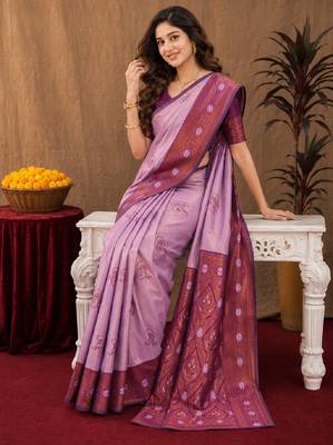 Wine purple art silk blend banarasi jacquard motif work saree with unstitched blouse piece 4