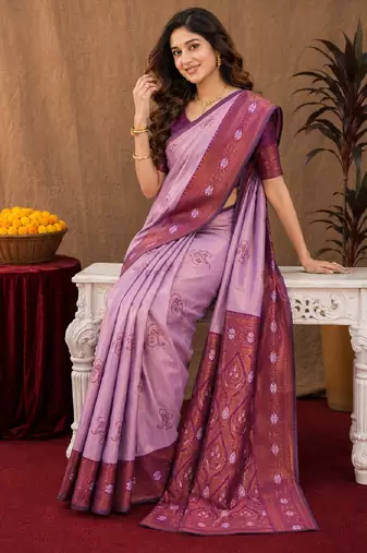 Wine purple art silk blend banarasi jacquard motif work saree with unstitched blouse piece