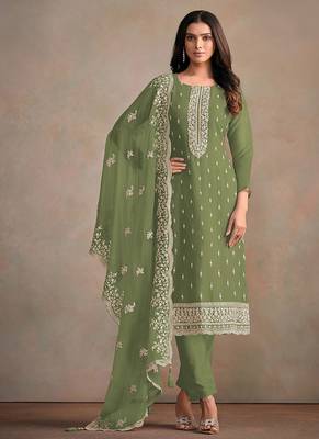 Olive green organza festival pant style readymade suit 1