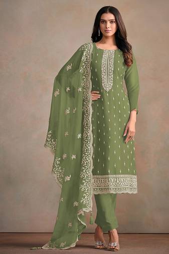 Olive green organza festival pant style readymade suit