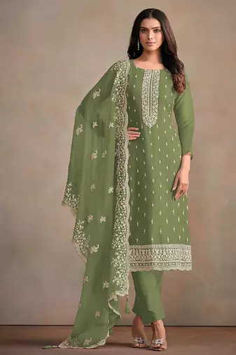 Olive green organza festival pant style readymade suit