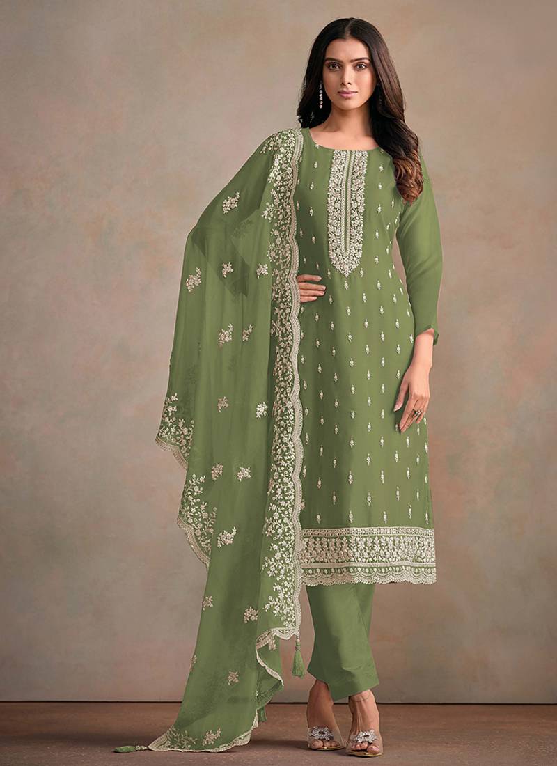 Olive green organza festival pant style readymade suit
