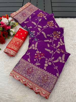 Purple red hand dying & embroidery lace dola silk blend saree with blouse 1