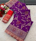 Purple red hand dying & embroidery lace dola silk blend saree with blouse