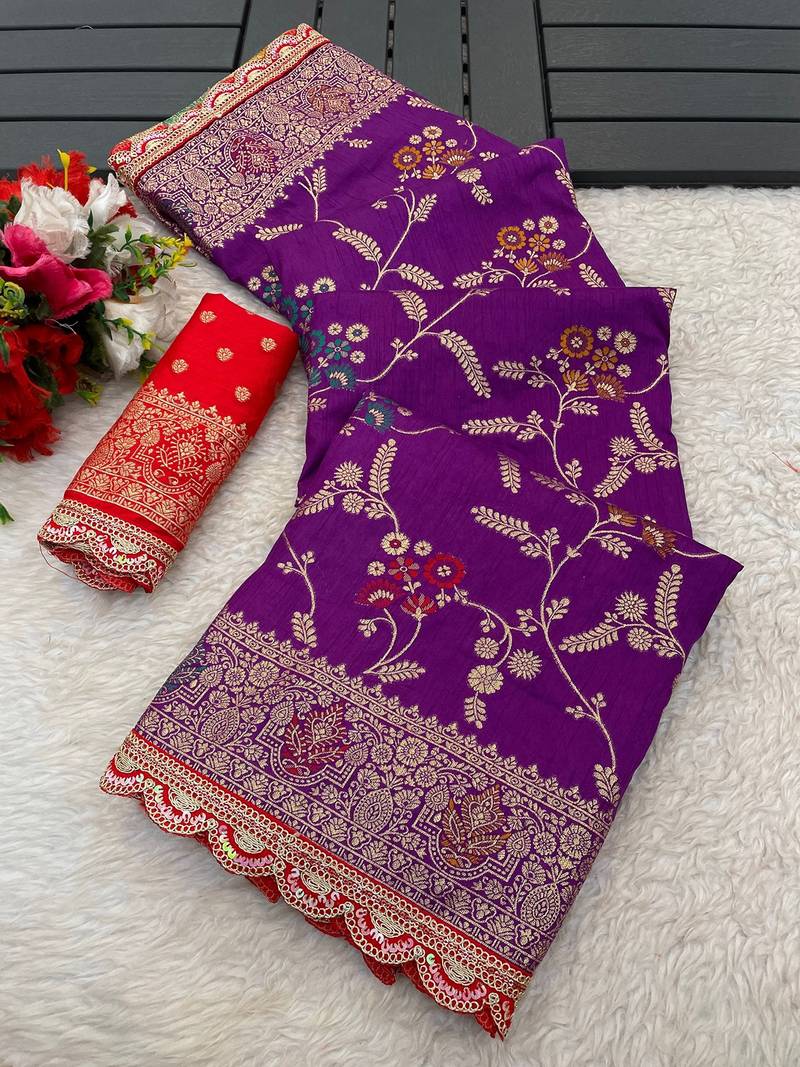 Purple red hand dying & embroidery lace dola silk blend saree with blouse