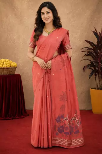 Gajri linen jacuard bird motif work bird saree with unstitched blouse piece