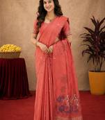 Gajri linen jacuard bird motif work bird saree with unstitched blouse piece