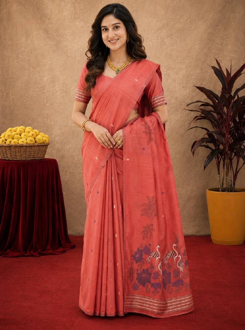 Gajri linen jacuard bird motif work bird saree with unstitched blouse piece