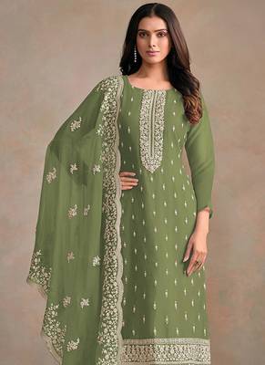 Olive green organza festival pant style readymade suit 2