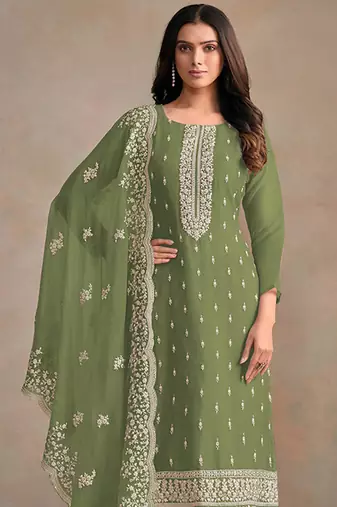 Olive green organza festival pant style readymade suit