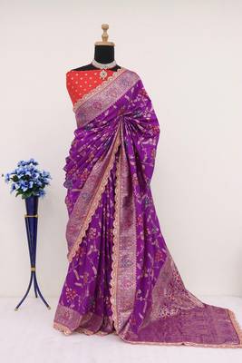 Purple red hand dying & embroidery lace dola silk blend saree with blouse 2
