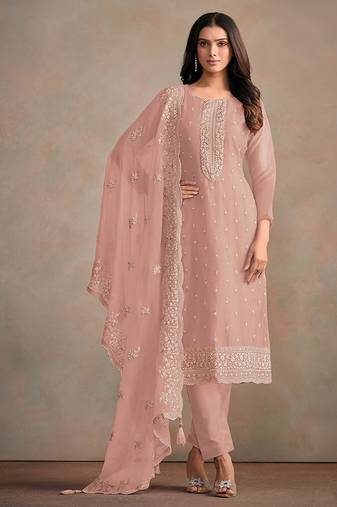 Baby pink organza festival pant style readymade suit