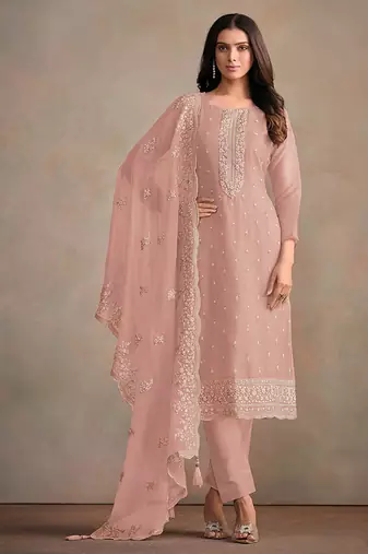 Baby pink organza festival pant style readymade suit