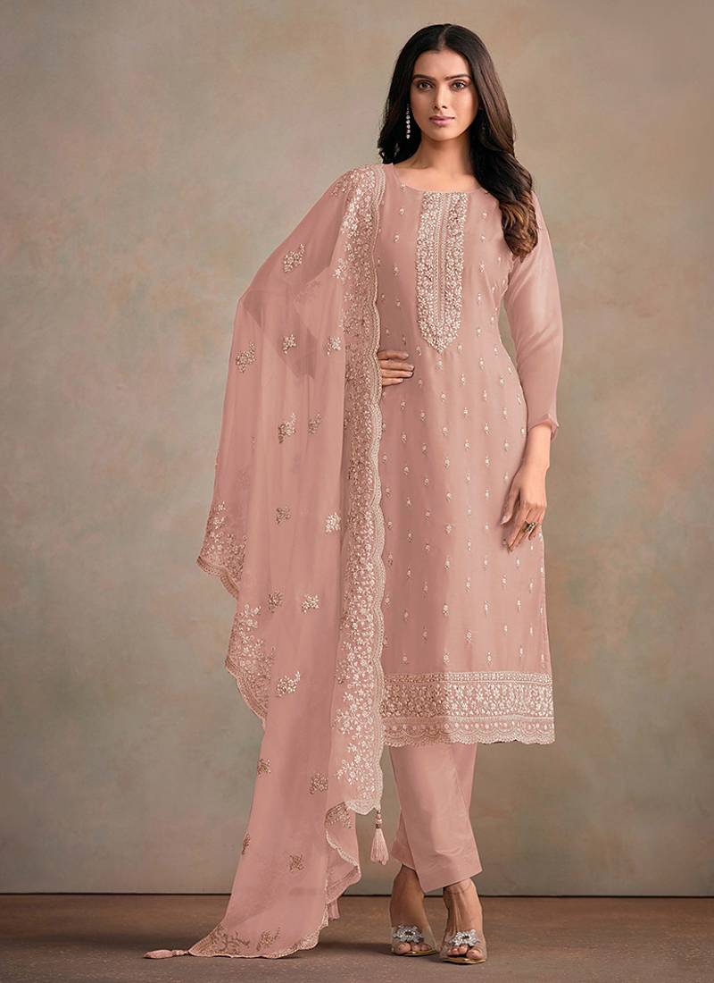 Baby pink organza festival pant style readymade suit