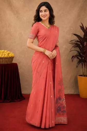Gajri linen jacuard bird motif work bird saree with unstitched blouse piece