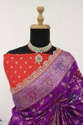 Purple red hand dying & embroidery lace dola silk blend saree with blouse 3