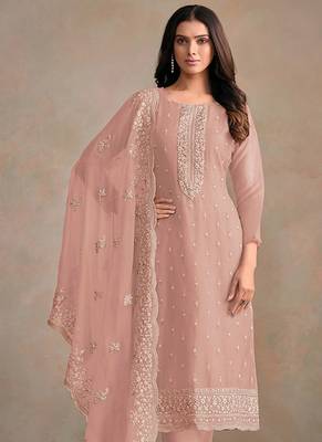 Baby pink organza festival pant style readymade suit 2