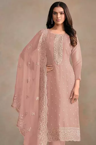 Baby pink organza festival pant style readymade suit