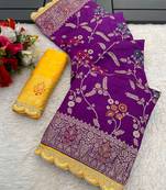 Purple yellow hand dying & embroidery lace dola silk blend saree with blouse