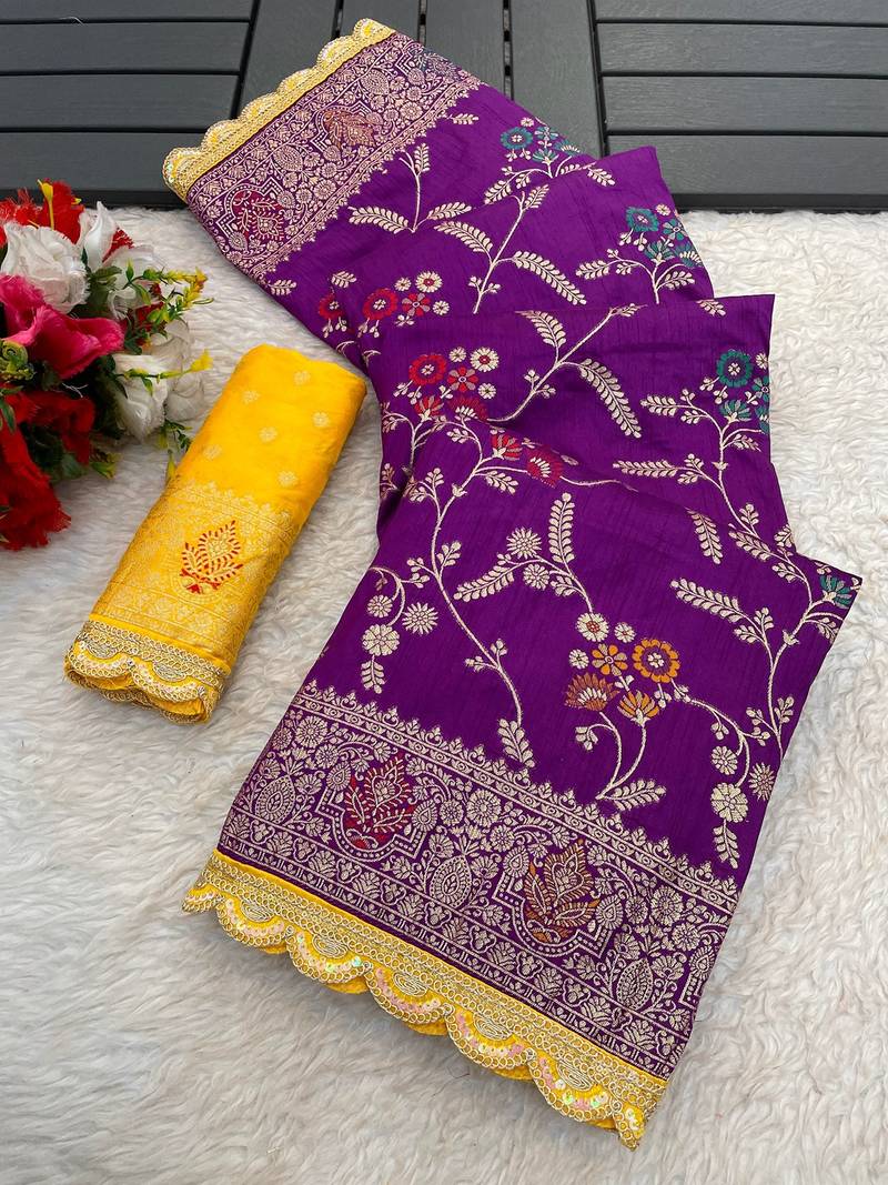 Purple yellow hand dying & embroidery lace dola silk blend saree with blouse