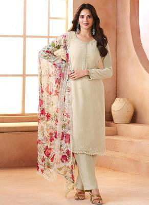 Chiffon cream embroidered pant style readymade suit 1
