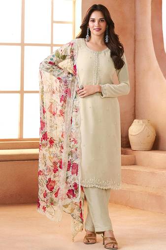 Chiffon cream embroidered pant style readymade suit