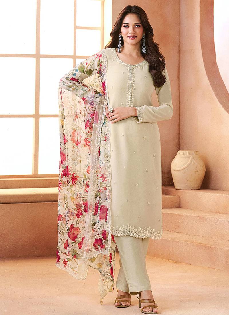 Chiffon cream embroidered pant style readymade suit