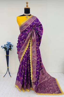 Purple yellow hand dying & embroidery lace dola silk blend saree with blouse 2
