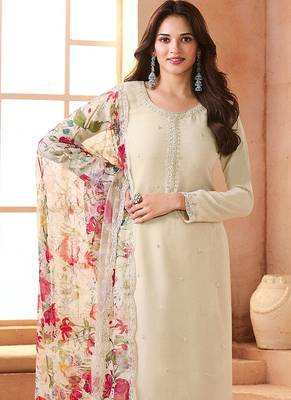 Chiffon cream embroidered pant style readymade suit 2