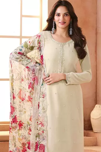 Chiffon cream embroidered pant style readymade suit