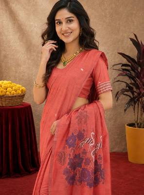 Gajri linen jacuard bird motif work bird saree with unstitched blouse piece 5