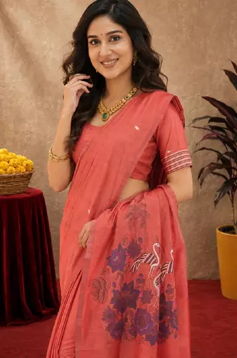 Gajri linen jacuard bird motif work bird saree with unstitched blouse piece