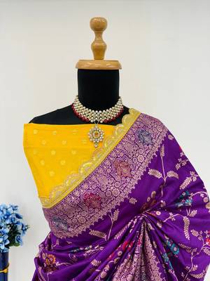 Purple yellow hand dying & embroidery lace dola silk blend saree with blouse 3