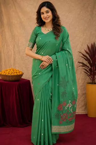 Green linen jacuard bird motif work bird saree with unstitched blouse piece